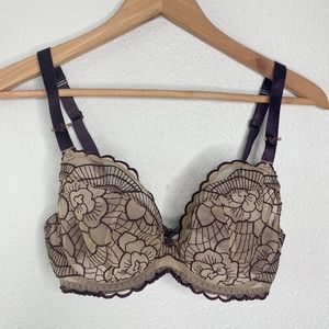 Elixir Nude Tan Plum Purple Sheer Floral Lingerie Bra Women's Size 32DD